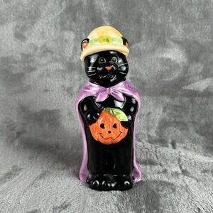 Vintage Ceramic Halloween Figurine Black Cat Dressed As‎ Witch W/ Jack O Lantern